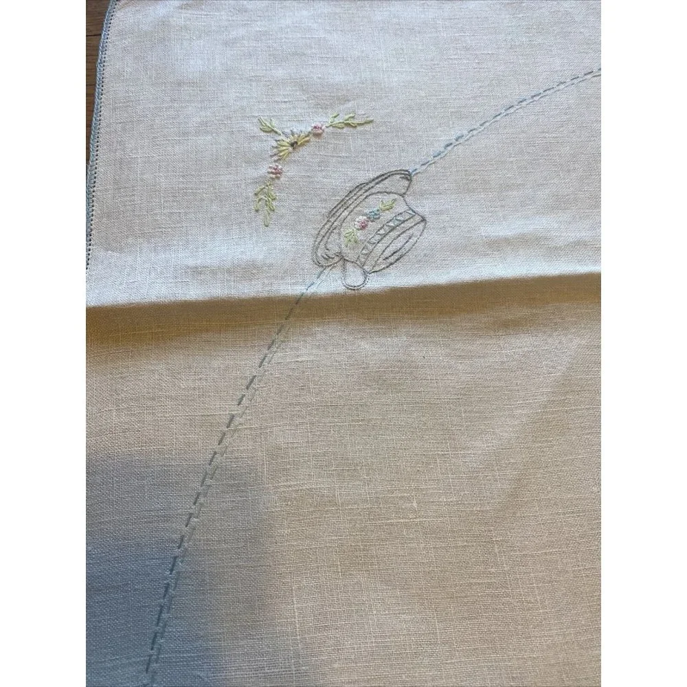 Vintage Table Cloth Linen Ivory Blue Flowers Pitcher Square  35